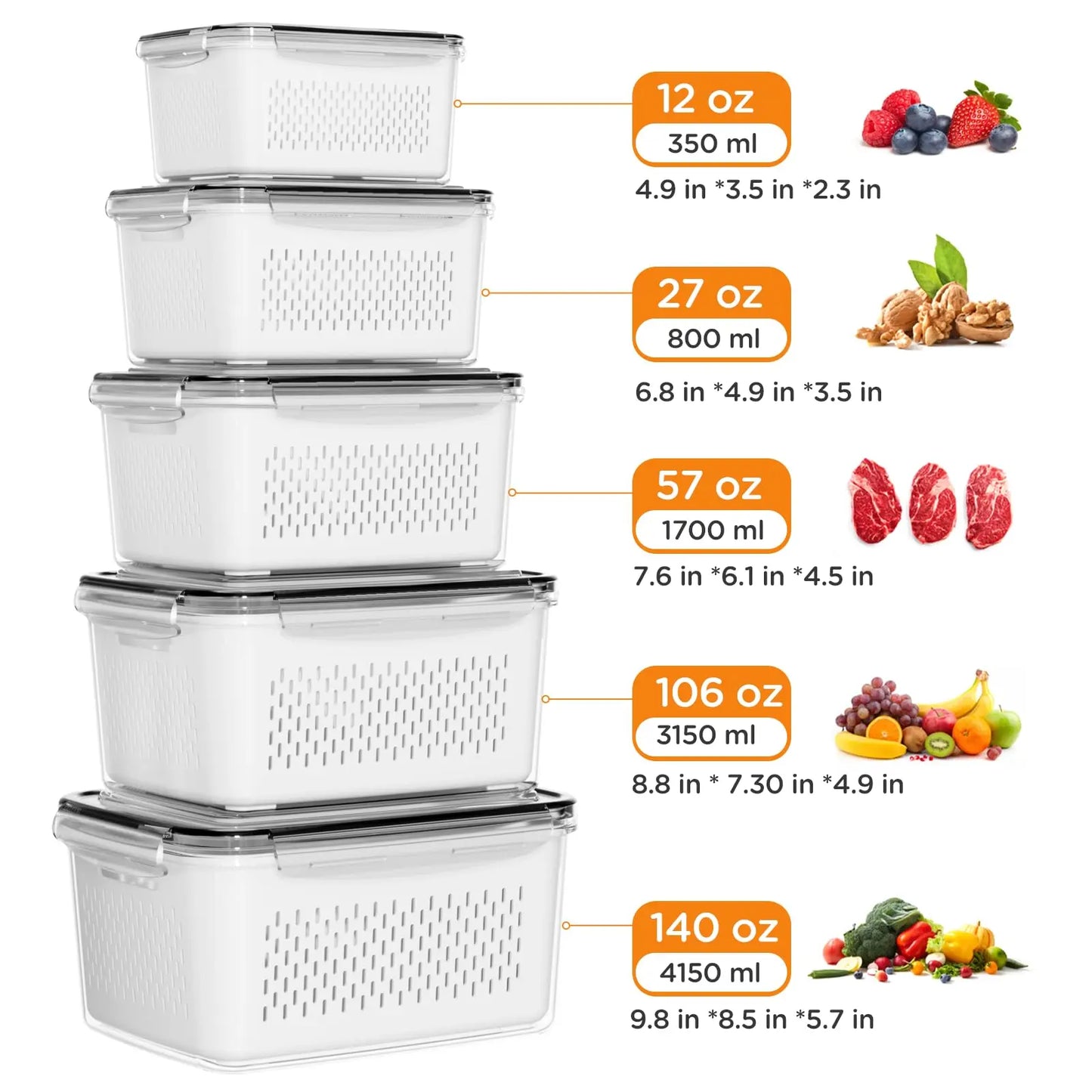 5 Pack Fridge Organizers and Storage Containers with Removable Colander, Stackable BPA-Free Food Keeper Set