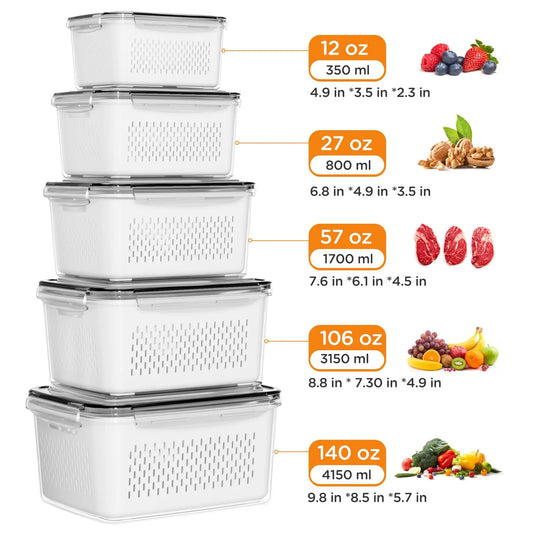 5 Pack Fridge Organizers and Storage Containers with Removable Colander, Stackable BPA-Free Food Keeper Set