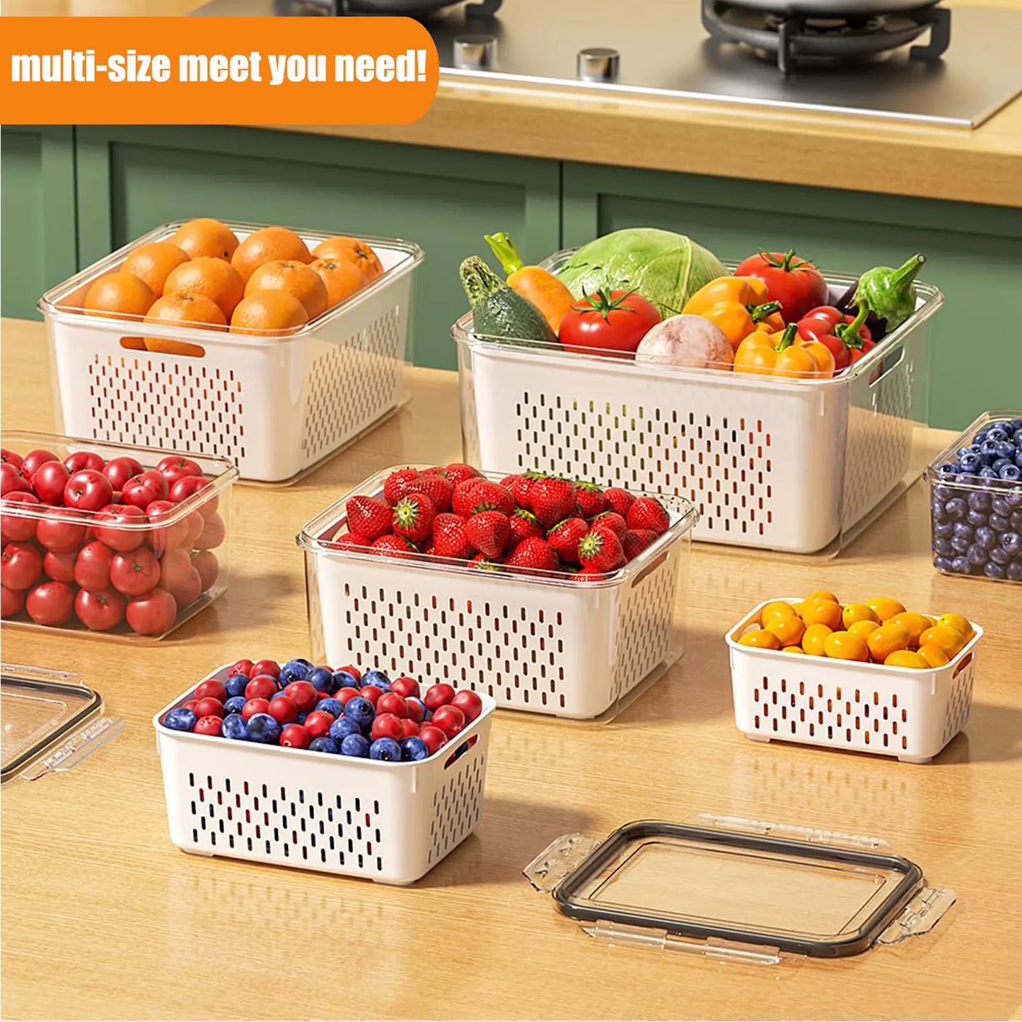 5 Pack Fridge Organizers and Storage Containers with Removable Colander, Stackable BPA-Free Food Keeper Set