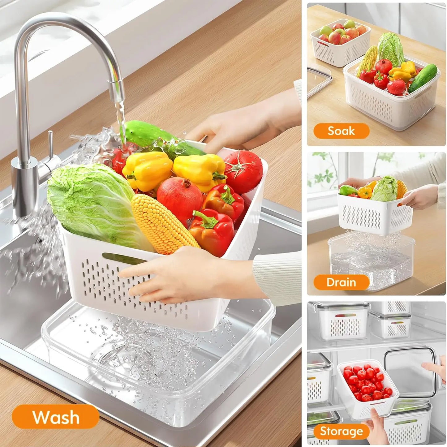 5 Pack Fridge Organizers and Storage Containers with Removable Colander, Stackable BPA-Free Food Keeper Set