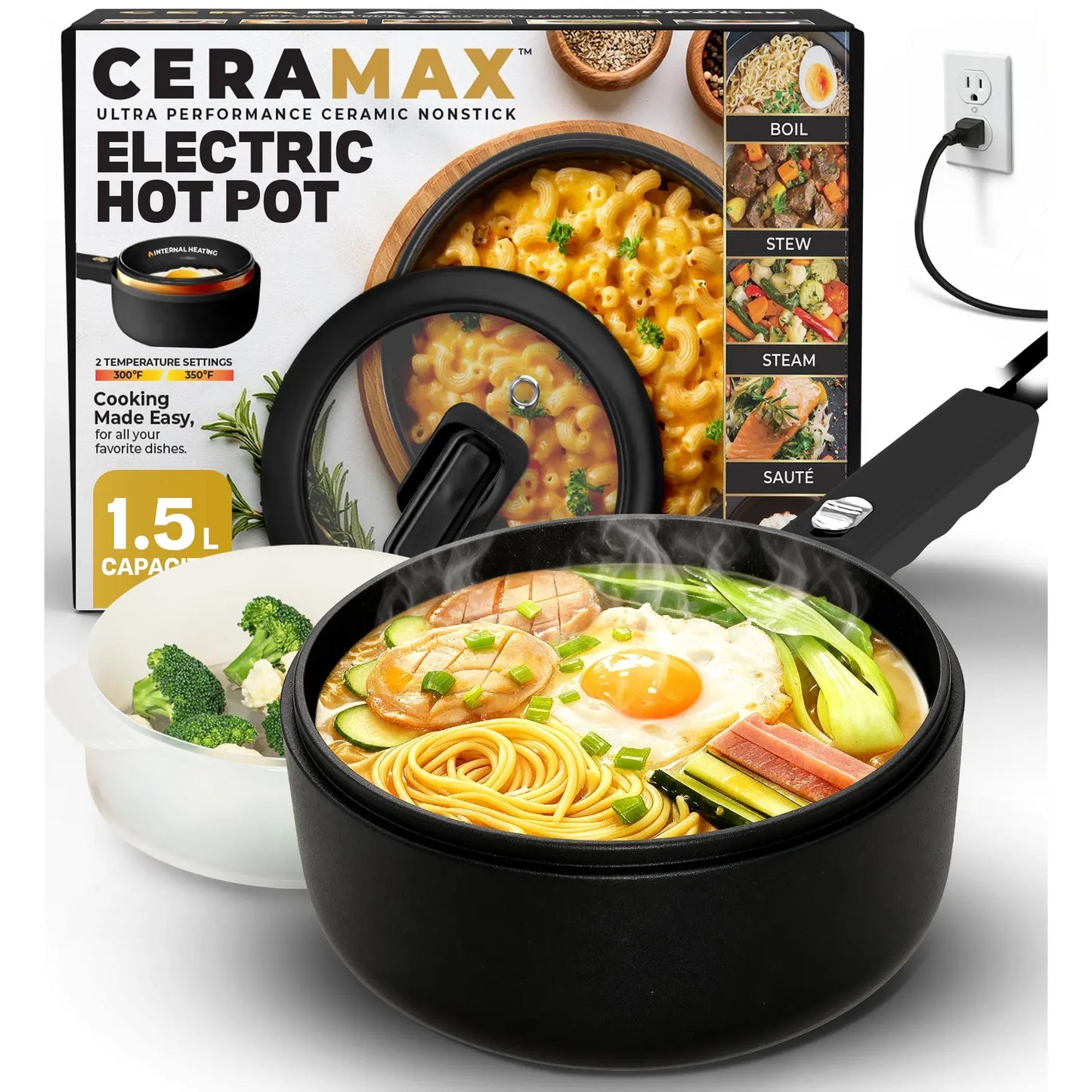 Ceramax Electric Cooker Nonstick Ceramic Skillet Pan with Lid Steamer, Mini Hot Pot for Home Cooking