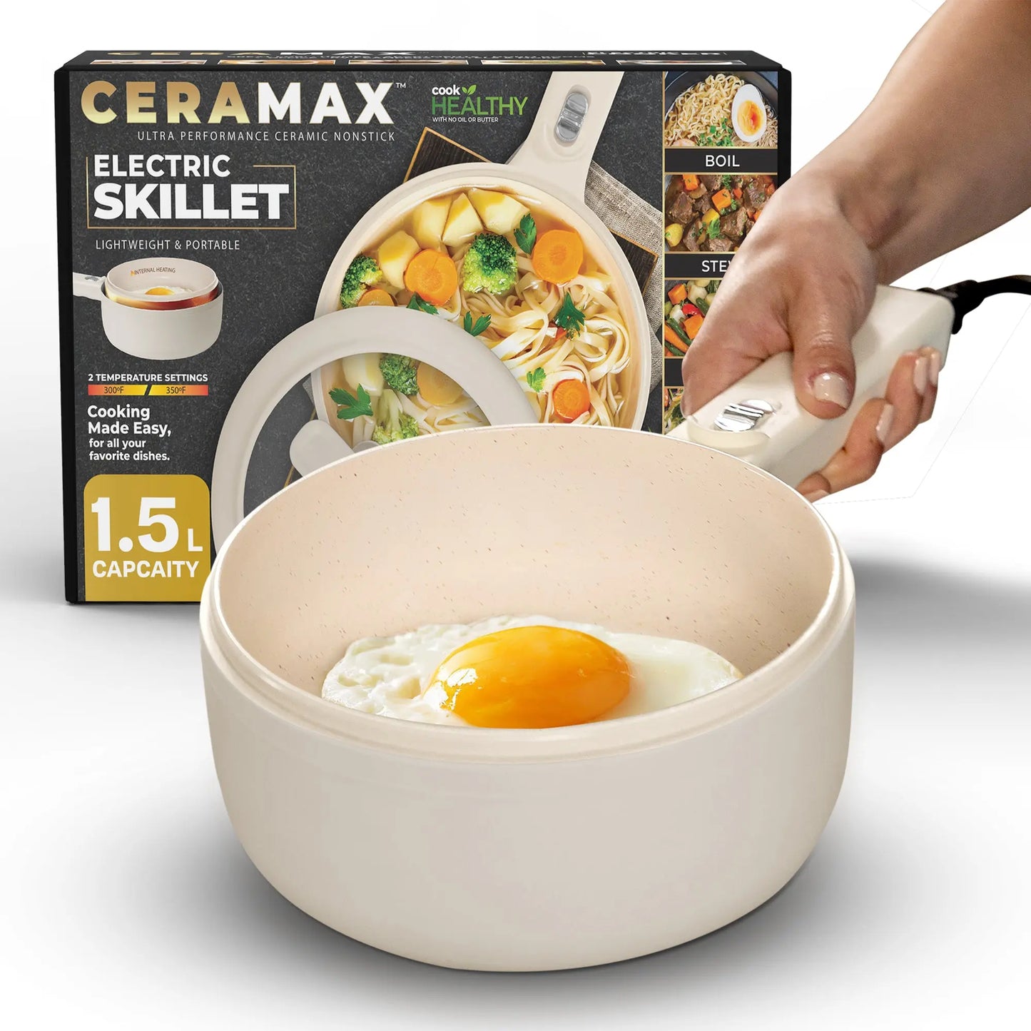 Ceramax Electric Cooker Nonstick Ceramic Skillet Pan with Lid Steamer, Mini Hot Pot for Home Cooking