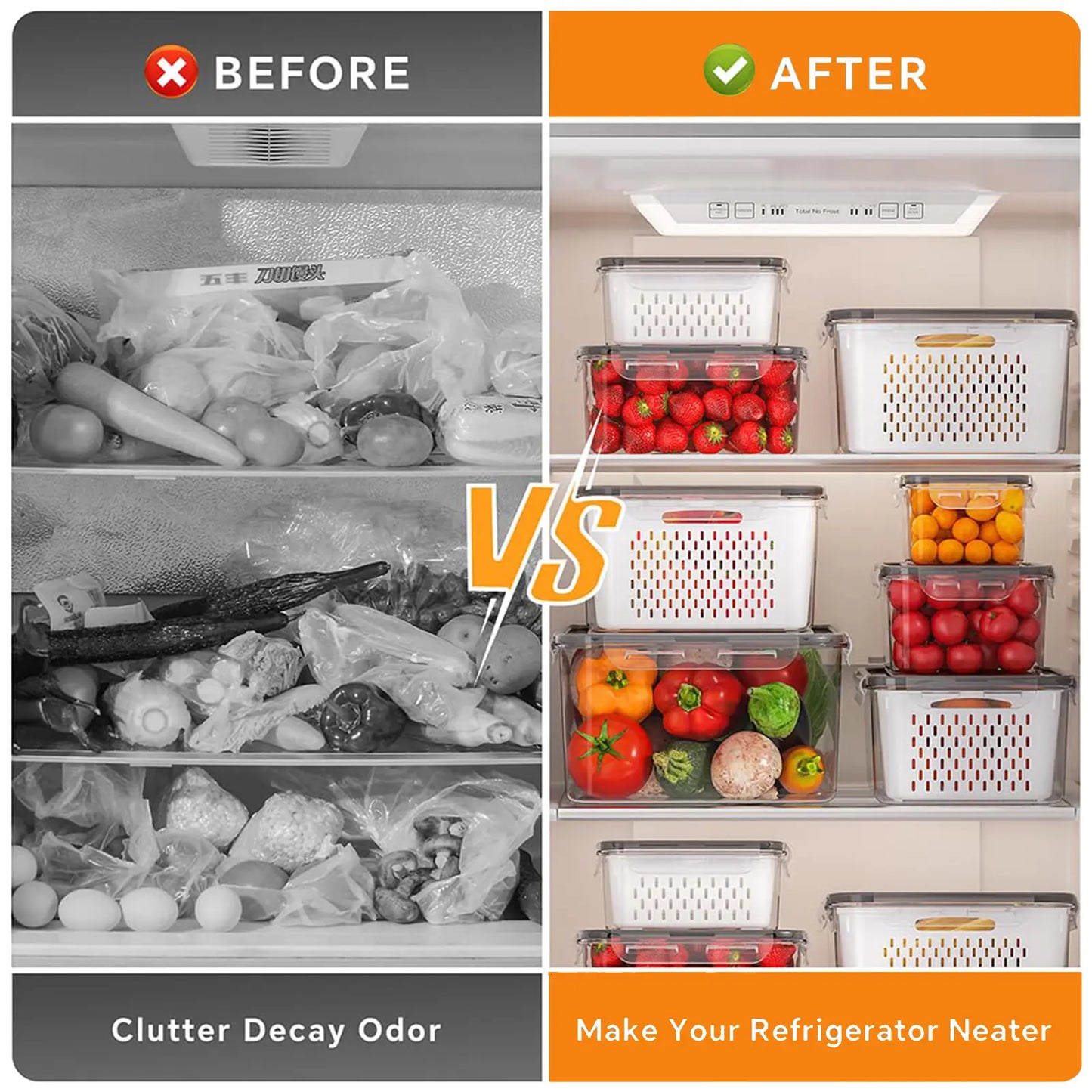 5 Pack Fridge Organizers and Storage Containers with Removable Colander, Stackable BPA-Free Food Keeper Set
