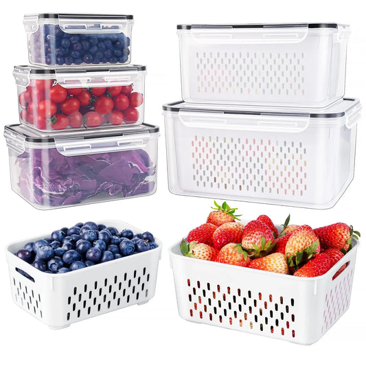 5 Pack Fridge Organizers and Storage Containers with Removable Colander, Stackable BPA-Free Food Keeper Set
