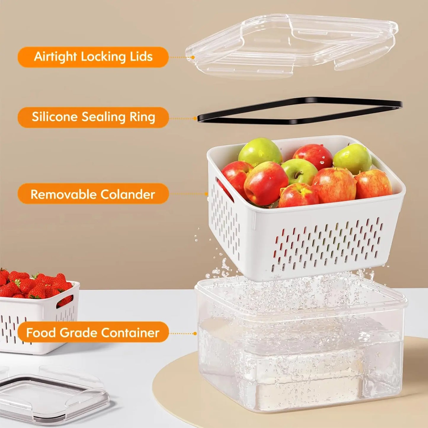 5 Pack Fridge Organizers and Storage Containers with Removable Colander, Stackable BPA-Free Food Keeper Set