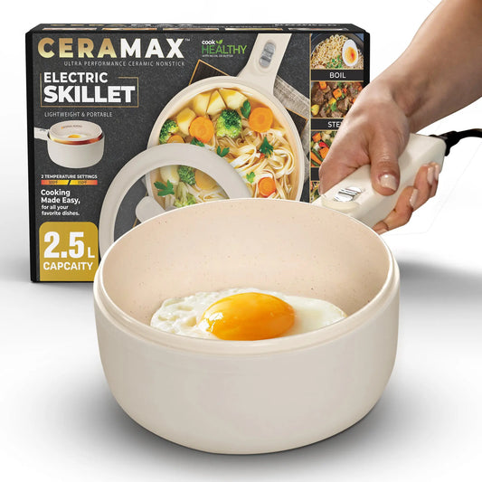 Ceramax Electric Cooker Nonstick Ceramic Skillet Pan with Lid Steamer, Mini Hot Pot for Home Cooking